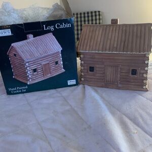 Sakura Vintage Log Cabin Hand Painted Cookie Jar. New In Box. Never Used.
